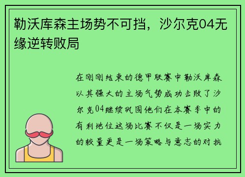 勒沃库森主场势不可挡，沙尔克04无缘逆转败局