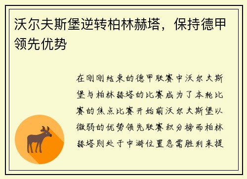 沃尔夫斯堡逆转柏林赫塔，保持德甲领先优势